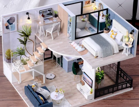 Edificio de montaje de mini casa de muñecas de madera