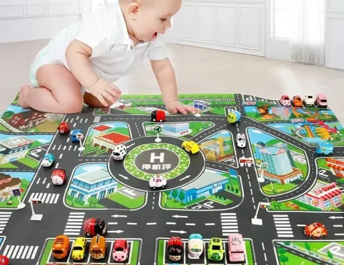 Alfombra con Mapa de Carretera 130x100CM, Estacionamiento y Mapa de Tráfico Urbano, Juguete Educativo para Niños